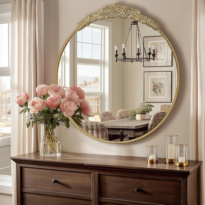 Growsun Round Wall Mirror with Vintage Gold Floral Frame – 28 Inch Decorative Wall Mirror for Living Room, Bedroom, Entryway, Bathroom Vanity – Elegant Antique Accent Home Décor