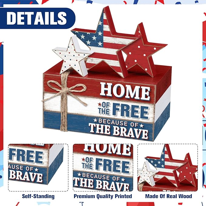 Geelin 4 Pcs Memorial Day Patriotic Wooden Book Stack Decorations, Tabletop Book Sign Ornaments with American Flag Stars, Rustic Red White Blue Tiered Tray Decor for Home, Office, Independence Day