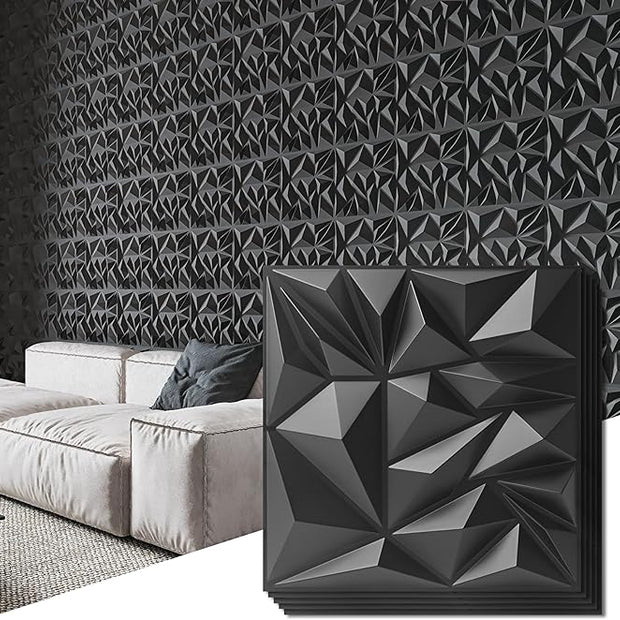 Art3d 33-Pack 3D Wall Panels for Interior Wall Decor, Modern Diamond Textured Accent Wall Paneling for Gaming Living Room TV Wall Background, 12 x 12 inch Black