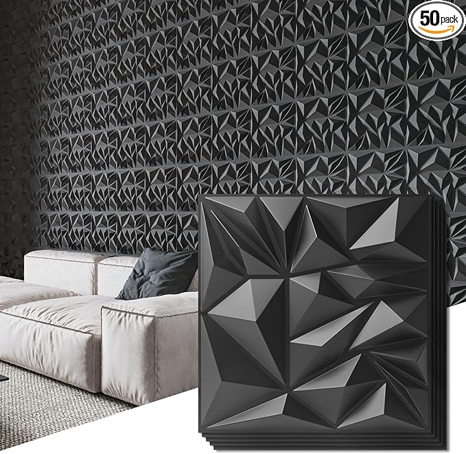 Art3d 50-Pack 3D Wall Panels for Interior Wall Decor, Modern Diamond Textured Accent Wall Paneling for Gaming Living Room TV Wall Background, 12 x 12 inch Black