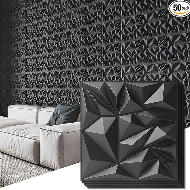 Art3d 50-Pack 3D Wall Panels for Interior Wall Decor, Modern Diamond Textured Accent Wall Paneling for Gaming Living Room TV Wall Background, 12 x 12 inch Black