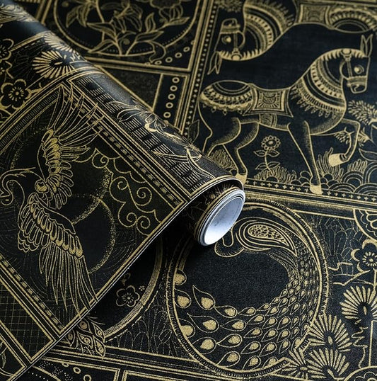 Erfoni 394"x17.7" Vintage Peel and Stick Wallpaper Black and Gold Contact Paper Peel and Stick Removable Animal Pattern Wall Paper DIY Waterproof Self Adhesive Wallpaper for Accent Wall Covering