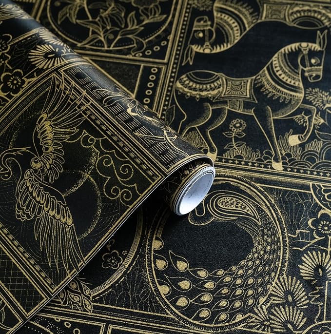 Erfoni 394"x17.7" Vintage Peel and Stick Wallpaper Black and Gold Contact Paper Peel and Stick Removable Animal Pattern Wall Paper DIY Waterproof Self Adhesive Wallpaper for Accent Wall Covering