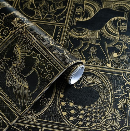 Erfoni 197"x17.7" Black and Gold Wallpaper Vintage Self Adhesive Peel and Stick Wallpaper Retro Animail Pattern Contact Paper DIY Stick and Peel Removable Wall Paper Decoration Bedroom Wall Vinyl Roll