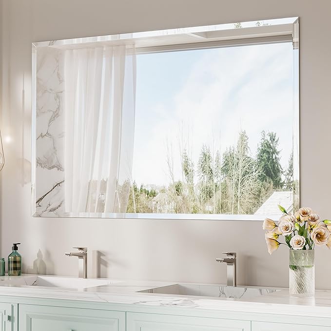 Keonjinn Beveled Bathroom Mirror 60” x 36“, Rectangle Mirrors for Bathroom Sink, Large Wall Mirror,Shatterproof, Modern Decorative for Living Room, Entryway, Bedroom, Horizontal/Vertical
