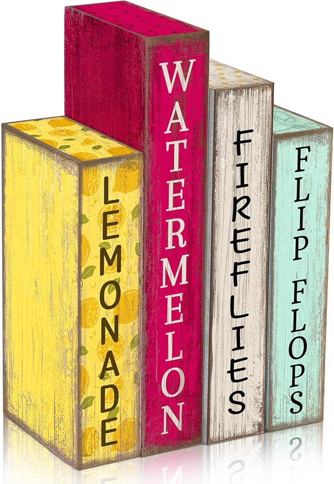 4 Pcs Summer Table Decoration Wooden Book Lemon Watermelon Wooden Sign Yellow and Red Summer Tiered Tray Decor Wood Book Sign Farmhouse for Home Shelf Coffee Table