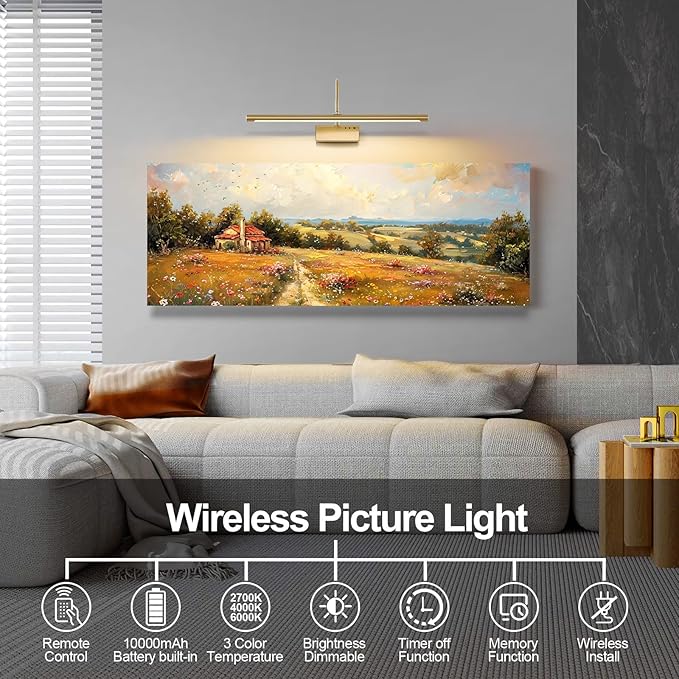 Battery Operated Picture Light with Remote, 24 inch Wireless Rechargeable Art Light with Timer, Dimmable 3CCT Gallery Lighting for Paintings, Portraits, and Canvas (Brass, 23.6inch)