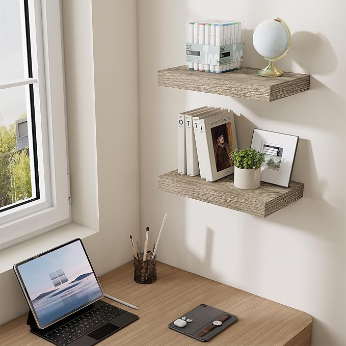 Dreamland 16 Inches Floating Shelves for Wall,6.7 Inch Deep Floating Shelves Set of 2, Large Display & Storage Shelf, Wall Shelf for Bathroom Bedroom Living Room Kitchen Office,Grey