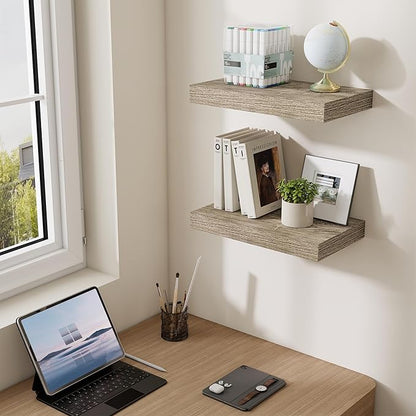 Dreamland 16 Inches Floating Shelves for Wall,6.7 Inch Deep Floating Shelves Set of 2, Large Display & Storage Shelf, Wall Shelf for Bathroom Bedroom Living Room Kitchen Office,Grey