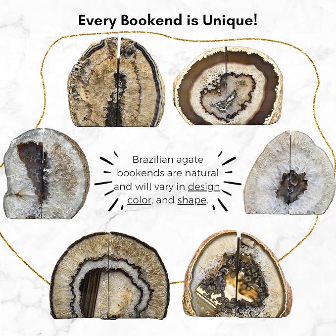 Nature's Decorations A Quality Black Agate Geode Bookends - Heavy Duty with Non-Skid Rubber Bumpers for Shelves, Office, Home Decor - Cool Crystal Stone (1 Pair 4-6 LB)