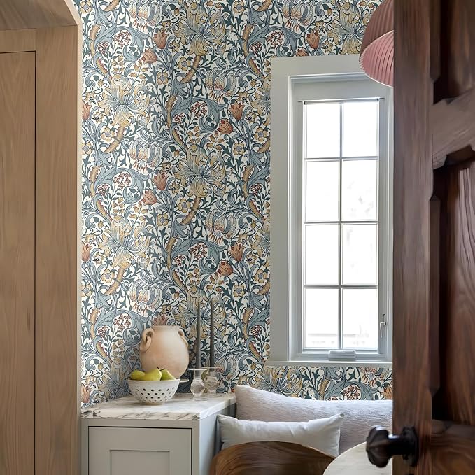 Vintage Wallpaper Peel and Stick Boho Wall Paper Removable Waterproof Golden Lily Contact Paper for Bedroom, Bathroom, Home Wall 17.3