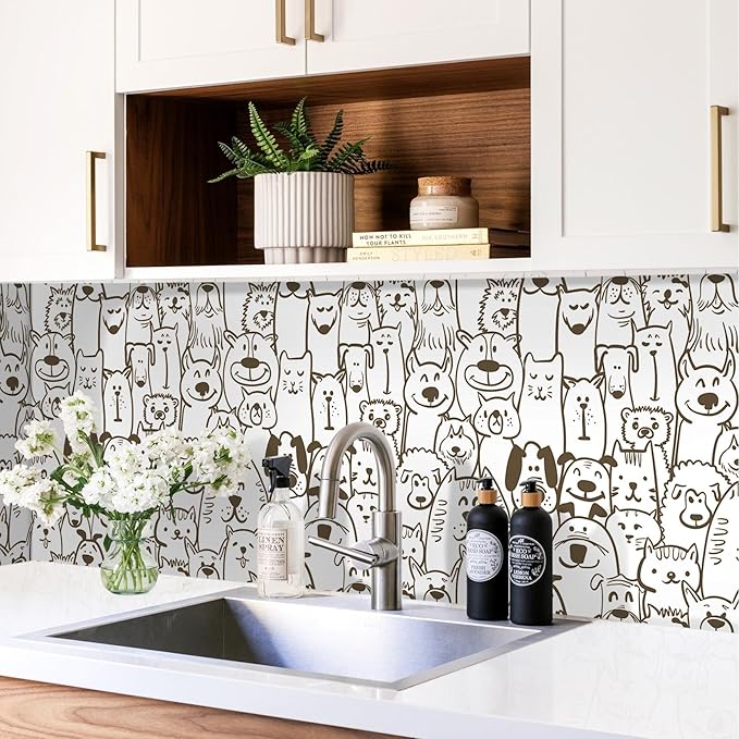 Peel and Stick Wallpaper Modern Brown and White Wallpaper Dog Animal Contact Paper Textured Self Adhesive Removable Wall Paper for Nursery Kids Room Shelf Liner Vinyl Roll 78.7"x17.3"