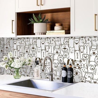 393"x17.3" Peel and Stick Wallpaper Modern Brown and White Wallpaper Dog Animal Contact Paper Textured Self Adhesive Removable Wall Paper for Nursery Kids Room Shelf Liner Vinyl Roll