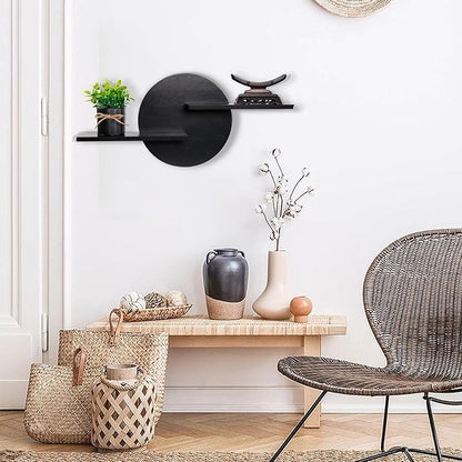 Black Circle Wood Wall Floating Shelf, Round Decorative Display Wall Mount Shelf, Hanging Shelves for Living Room, Bedroom, Bathroom, Home Office Wooden Wall Art Decor