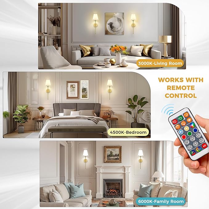 DORESshop Gold Battery Operated Wall Sconce Set of Two, Rechargeable Wall Sconce with Remote, 15 Colors, Wireless Sconces Set of 2 for Bedroom Living Room, 24.6in, Includes Daily & 3 Shade