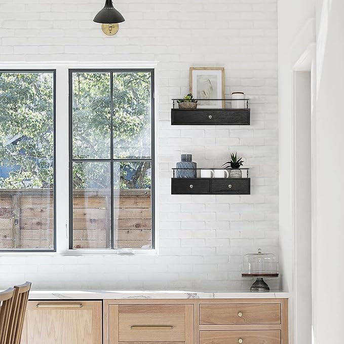 Floating Shelves - Wall Mounted Bathroom Shelf Set of 2 with Drawers, Rustic Wood Shelves for Bedroom, Living Room, Kitchen, Home Decor, Plants, Books (Black)