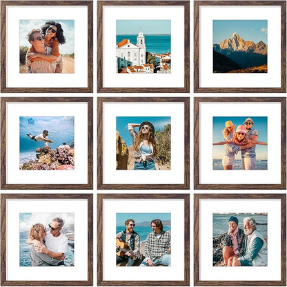 Vittanly 12x12 Picture Frames Set of 9, Shatter Resistant Plexiglass, Display 8x8 Pictures with Mat or 12x12 without Mat, Photo Frames for Wall Mount, Engineered Wood, Brown