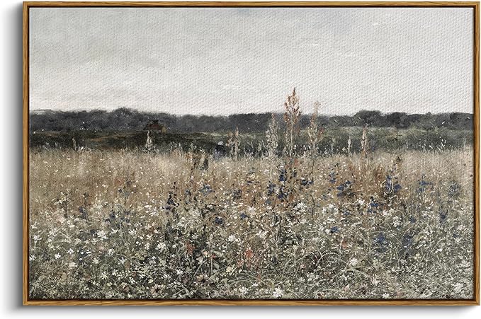 InSimSea Framed Canvas Wall Art Vintage Decor, Landscape Wall Art, Meadow with Flowers Art, Modern Farmhouse Decor, Cottagecore Bedroom Bathroom Office Decorations, 24