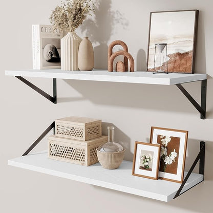 Deep Floating Shelves for Wall,30" Wx10 D Wood Floating Shelf Set of 2,Sturdy Metal Bracket Wide Display & Storage,Wall Mounted Hanging Floating Shelves for Living Room,Bedroom,Kitchen,White