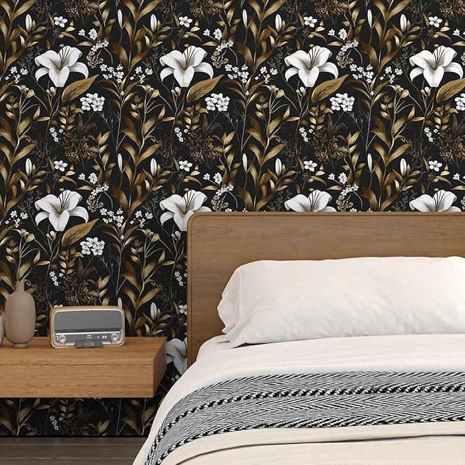 Black White Floral Wallpaper Peel and Stick, Dark Gold Vintage Contact Paper 17.5