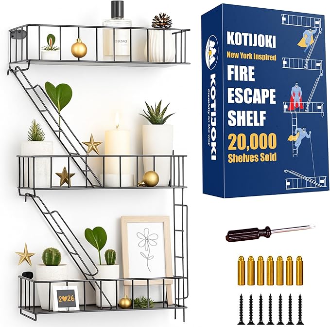 Fire Escape Wall Shelf - New York Decorative Floating Shelf - Wall Art Ladder Shelf - Black Metal Trinket Shelves for Bedroom, Home, Office, Storage and Display (3-Tier)