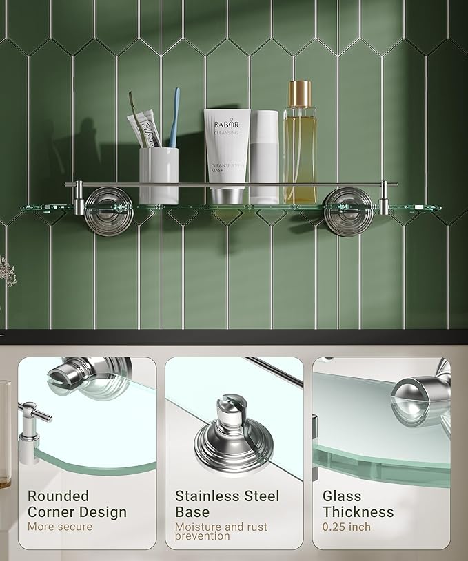 20inch Glass Shelf for Bathroom, Brushed Nickel Bathroom Glass Shelves Wall Mounted, Stainless Steel Floating Glass Shelves Modern