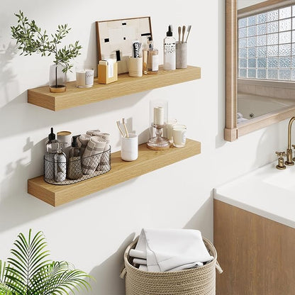 Fun Memories Floating Shelves 30 Inch, Wall Mounted Wood Shelf Set of 2, Farmhouse Decor for Bathroom, Bedroom, Kitchen, Living Room, Oak