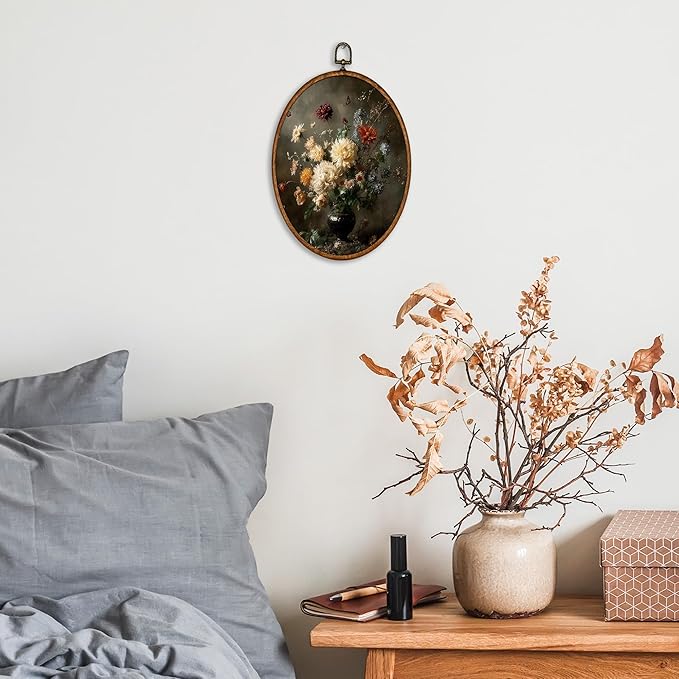 KSDUT Retro Flower Wall Art Decor - Botanical Neutral Mid Century Modern Wall Art Canvas Frame Hanging Prints, Vintage Dark Academia Oval Artwork Decor for Home Gallery Decorations 8.6