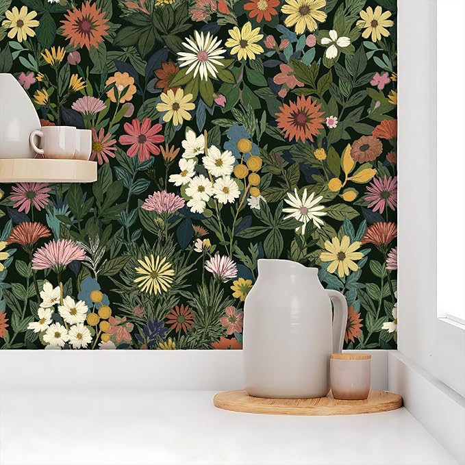 Peel and Stick Wallpaper Boho Wall Paper Removable Green Floral Contact Paper for Bedroom, Bathroom, Kitchen 17.3“ x 118”