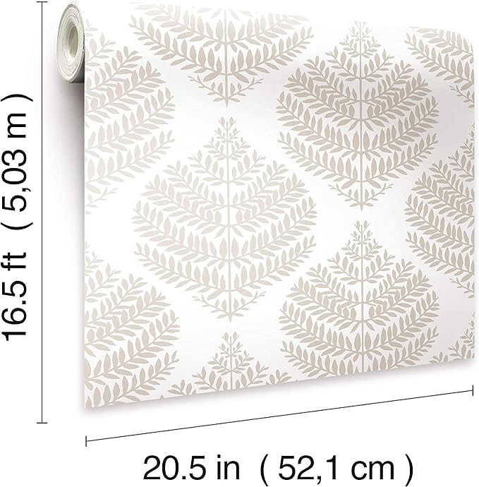 RoomMates RMK11512WP Hygge Fern Damask Taupe Peel and Stick Wallpaper, Roll
