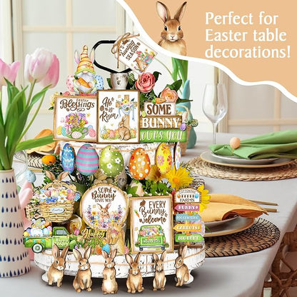 Amyhill 24 Pcs Easter Tiered Tray Decor Bunny Easter Spring Decorations Farmhouse Wooden Signs Gnome Egg Flower Tiered Tray Decor for Home Kitchen Coffee Bar Table Shelf