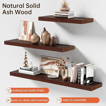 Marsmiles 48 Inch Floating Shelves for Wall | 48W x 8D Solid Ash Wood Floating Shelves Set of 1 | Rustic Wood Wall Shelves with Upgraded Heavy Duty Brackets - Walnut