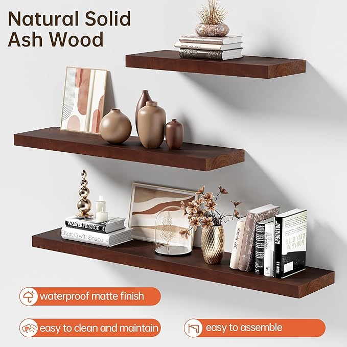 Marsmiles Floating Shelves for Wall - 36 Inch Wide x 8 Inch Deep Ash Wood Shelves Set of 2 - Rustic Floating Wood Shelves for Living Room Bedroom Bathroom