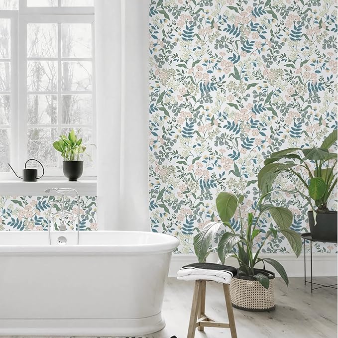 Floral Peel and Stick Wallpaper Boho Blue Floral Contact Paper Vintage Pink Flower Wallpaper Self Adhesive Removable Wall Paper for Bedroom Bathroom Cabinets Waterproof Vinyl Roll 17.3"x78.7"