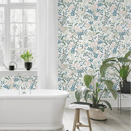 Floral Peel and Stick Wallpaper Boho Blue Floral Contact Paper Vintage Pink Flower Wallpaper Self Adhesive Removable Wall Paper for Bedroom Bathroom Cabinets Waterproof Vinyl Roll 17.3"x78.7"