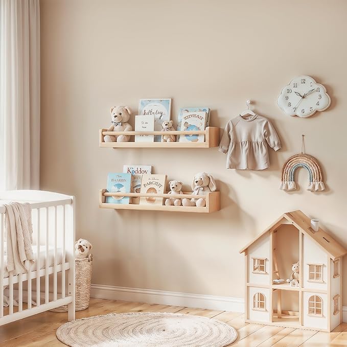 Floating Nursery Book Shelves, 16.5 inch Wall Book Shelves Kids Room, Set of 2 Baby Shelves for Nursery Décor, Ideal Wooden Nursery Shelves for Kids Room, Bedroom Bathroom and Kitchen (Natural Wood)