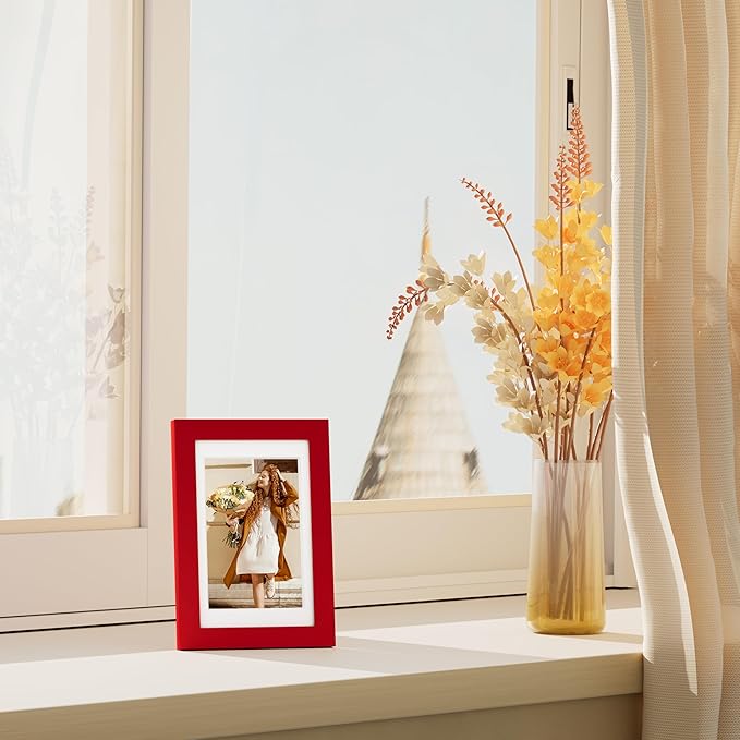 Vittanly 4x6 Picture Frame Set of 4, Display Pictures 3.5x5 with Mat or 4x6 without Mat, Small Photo Frames for Wall or Tabletop Display, Engineered Wood with Shatter Resistant Plexiglass, Red
