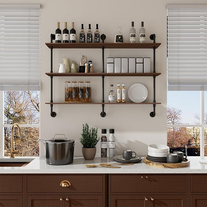 3-Tier Industrial Pipe Floating Shelf – Rustic 48 inch Wood Wall-Mounted Storage Shelf for Kitchen Office,Bathroom & Home Decor -Walnut