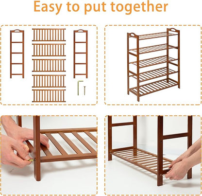 5 Tier Bamboo Shoe Rack, Free Standing Shoes Rack Shoe Shelf Shoe Organizer for Closet, Entryway, Bedroom, Living Room, Front Door, Studio, Bathroom