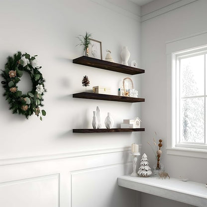 Wood Floating Shelves for Wall Decor, Rustic Wall Shelves for Bedroom Bathroom Kitchen Living Room, Set of 4 Walnut 24 Inch