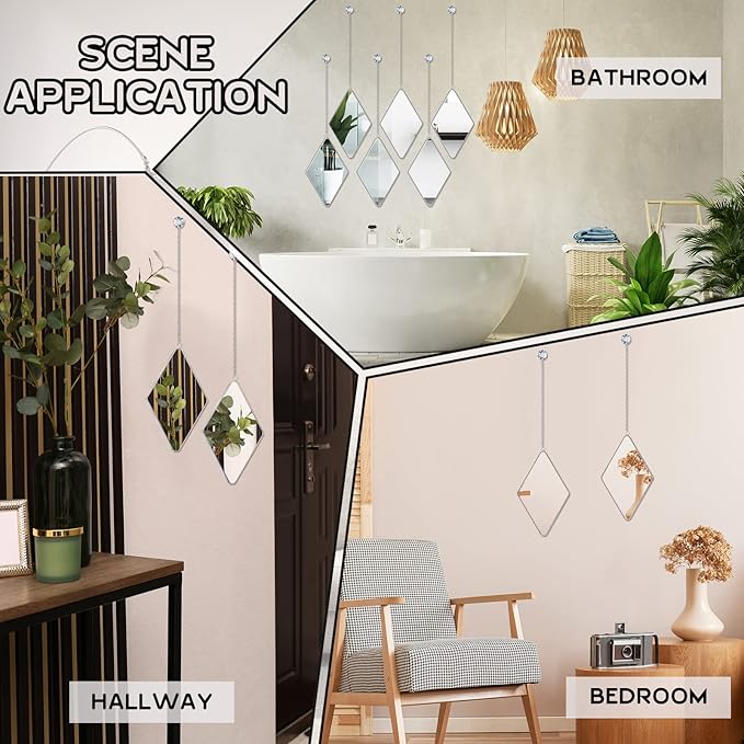 Suzile 6 Pcs Diamond Wall Mirror Set with Chain Hanging with Diamond Handle Frame Decorative Chain Mirror for Home Entryways Living Room Bathroom Farmhouse Wall Decor(Silver)