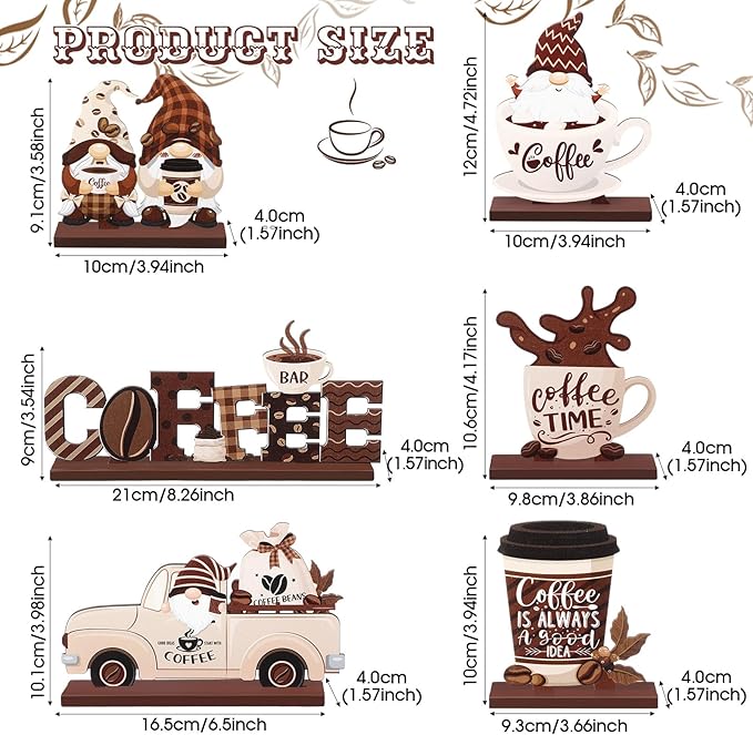 Blosssound 6 Pcs Coffee Bar Decor Sign Coffee Bar Accessories Farmhouse Gnomes Rustic Table Centerpiece Wood Tiered Tray Decor Table Signs for Home Kitchen Ornament