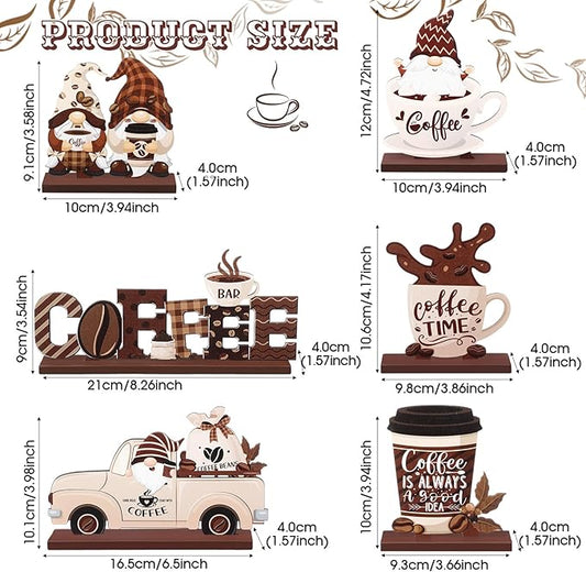 Blosssound 6 Pcs Coffee Bar Decor Sign Coffee Bar Accessories Farmhouse Gnomes Rustic Table Centerpiece Wood Tiered Tray Decor Table Signs for Home Kitchen Ornament