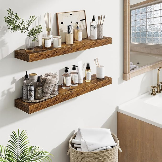 Fun Memories Bathroom Shelves 32 Inch Long Set of 2, Floating Shelves for Wall with Invisible Brackets, for Bedroom, Living Room, Kitchen, Rustic Brown