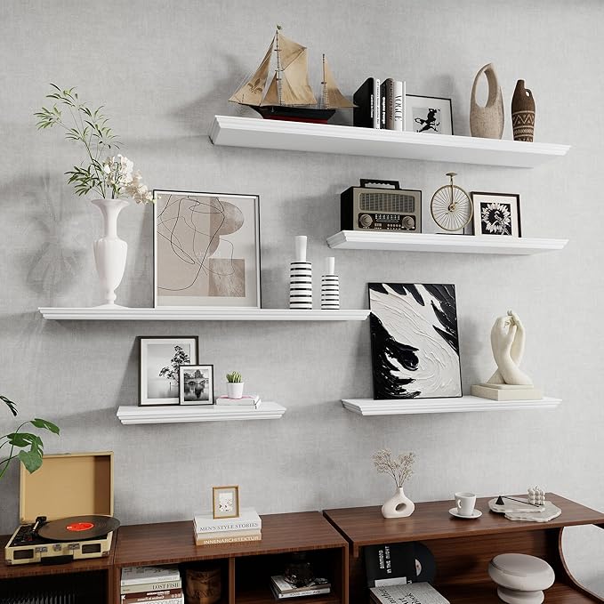 Fun Memories Floating Shelves 55 Inch Long, 9.3 Inch Deep Classic Crown Molding Floating Shelves for Wall, Rustic Wooden Shelves for Wall Decor Bathroom, Kitchen, Office, (White, 1Pack)