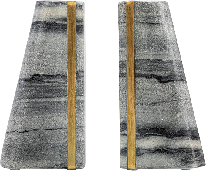 Main + Mesa Modern Marble Bookends with Brass Detail, Set of 2, Grey