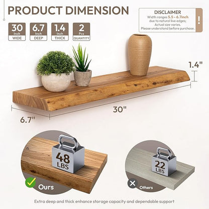 Marsmiles 30 inch Floating Shelves for Wall Elm Wood Live Edge Shelves|Rustic Wall Shelves with Invisible Heavy-Duty Bracket for Bathroom Living Room Kitchen|Natural, 2 Pack