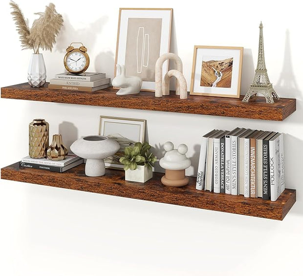 Floating Shelves for Wall, 9.3" Deep Wall Mounted Wood Shelves for Bathroom, Bedroom, Living Room, Kitchen, Hanging Shelf for Books/Storage/Room Decor (Brown, 48")
