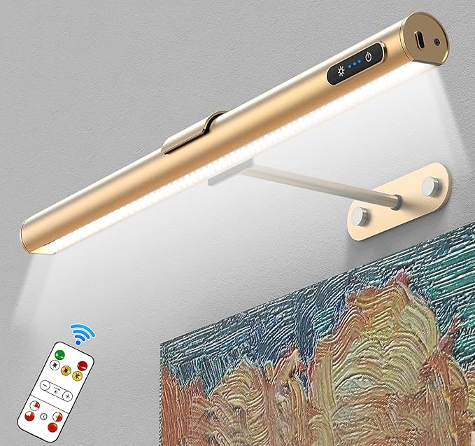GOVSSING Picture Lights for Wall - 4000mAh Rechargeable Battery Wireless Picture Light with Remote, 3 Color Temps & Dimmable, 15.7” Rotatable Art Light, Memory & Timer Functions, Rose Gold
