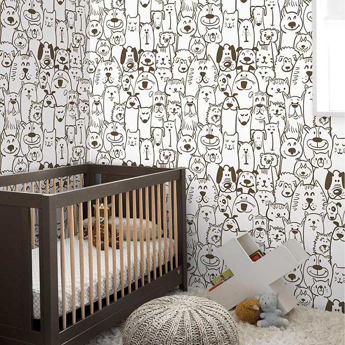 Peel and Stick Wallpaper Modern Brown and White Wallpaper Dog Animal Contact Paper Textured Self Adhesive Removable Wall Paper for Nursery Kids Room Shelf Liner Vinyl Roll 78.7"x197"